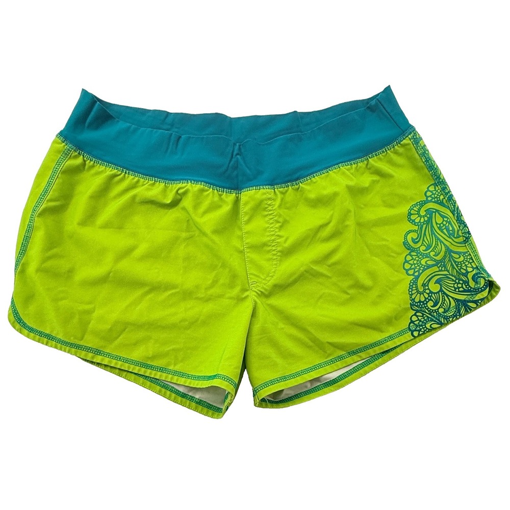 prAna Womens XL Athletic Running Shorts Green Teal Paisley Trim Lightweight